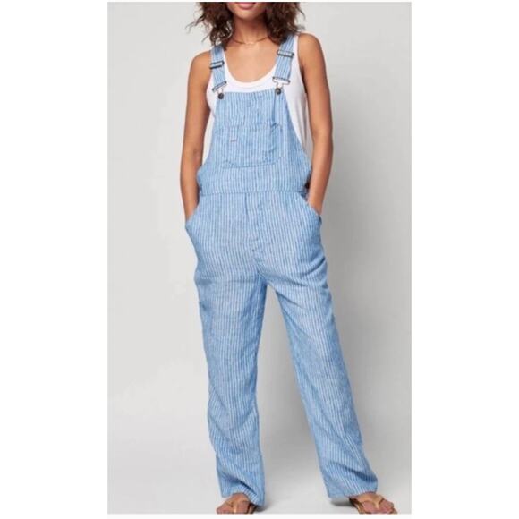 Faherty Linen Mechanic Overall Jumper in Railroad Stripe Size Small - Picture 2 of 14